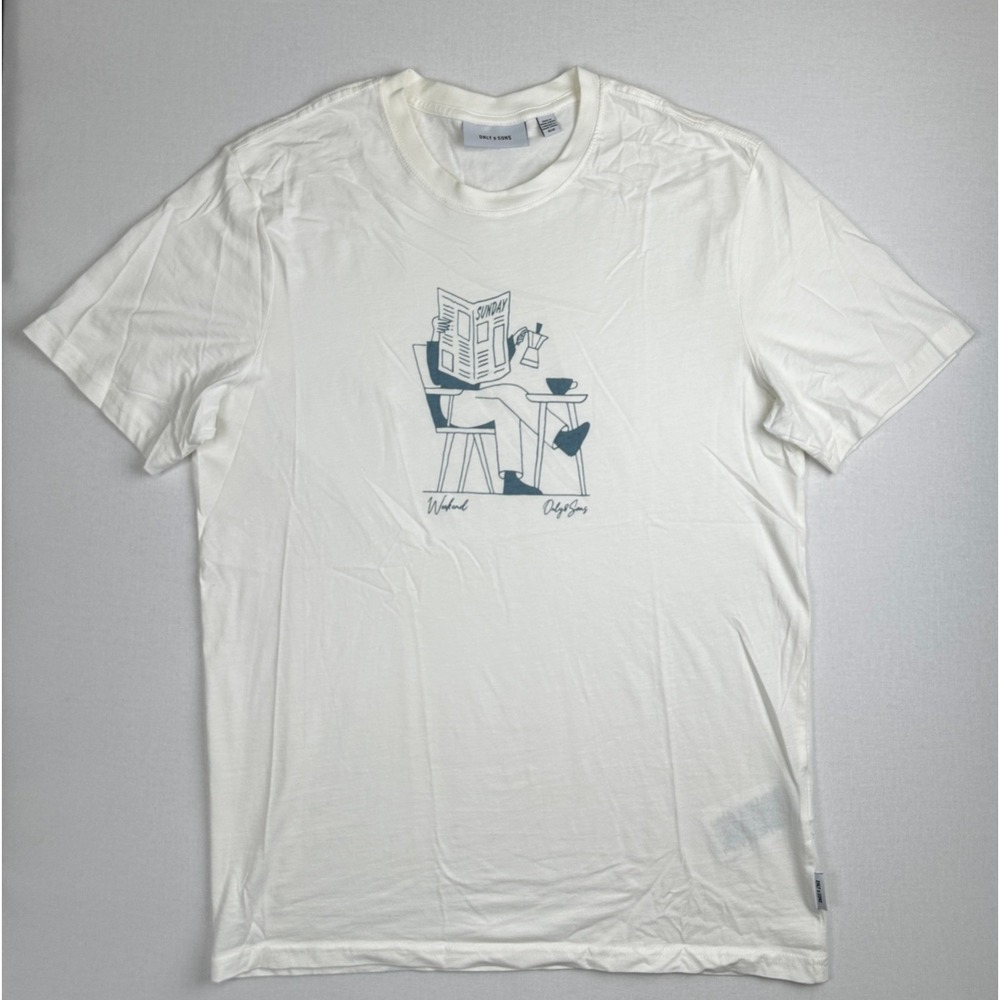 Only & Sons Men's M Graphic Tee Ivory Weekend Print Short Sleeve